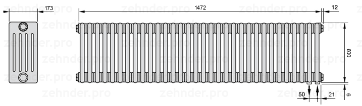Схема (чертеж) Радиатор Zehnder Charleston 5060/32 №5510 Белый глянцевый RAL 9016